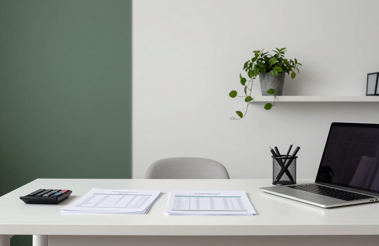 Desk with a laptop, a calculator and reports